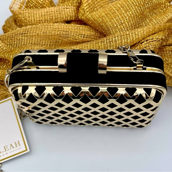 SHIRALEAH 🖤 NWT ‘Jean Minaudiere’ Black & Gold Evening Clutch - Picture 4 of 13